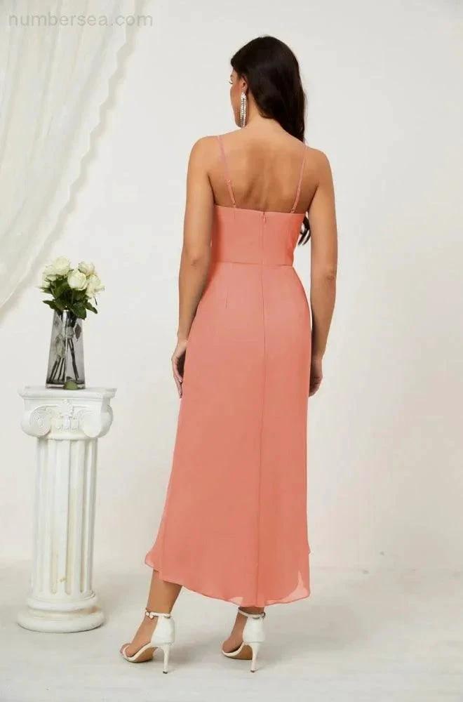 ZapDress Spaghetti Chiffon V Neck Bridesmaid Dress Mid-Length Slit Formal Prom Dress Homecoming Dress 2803 (ZD16952)