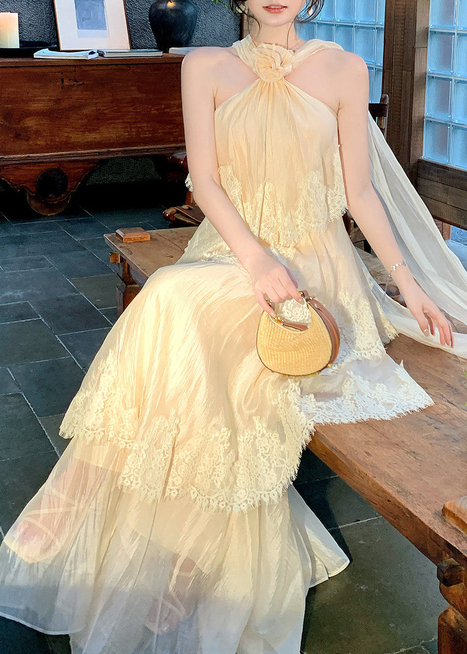 Beach Apricot Halter Lace Patchwork Floral Maxi Dress Summer