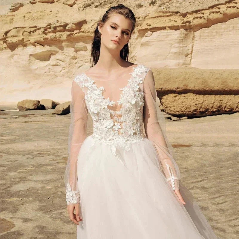 Beach Ivory Lace Wedding Dresses Illusion Long Sleeves Bridal Gowns Jewel Neck Backless Appliqued Tulle A-Line Floor Length (ZD13311)