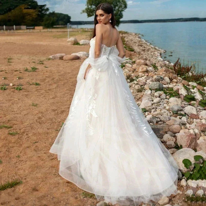 Beach Sweetheart Wedding Dresses For Women 2023 Bride Modern Lace A-LineAppliques Bridal Gown Off The Shoulder Robe De Mariée (ZD14181)