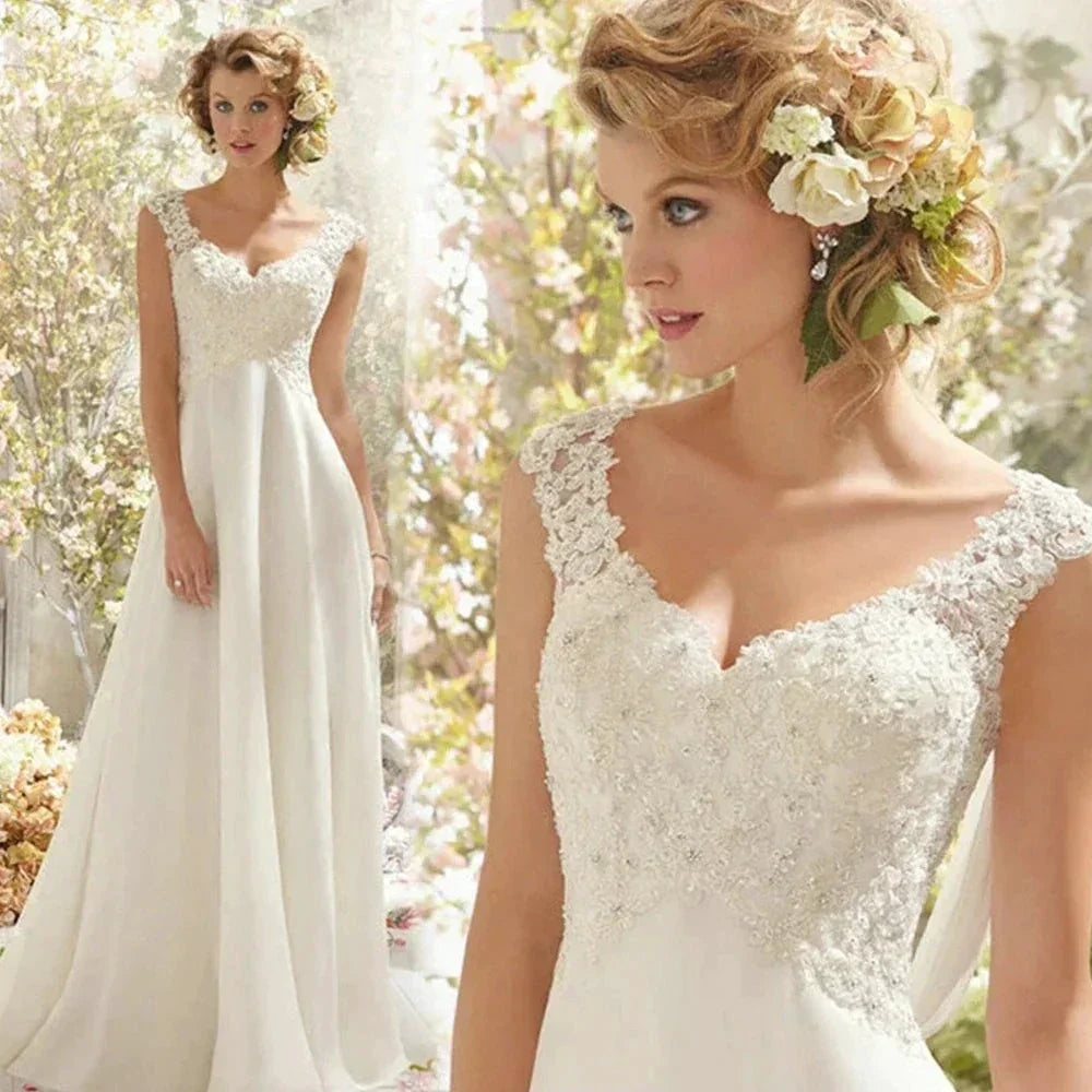 Beach Wedding Dresses Women's Elegant Double Shoulder Mermaid Chiffon Lace Applique Bridal Gowns Sexy Backless Vesido De Noiva (ZD14172)