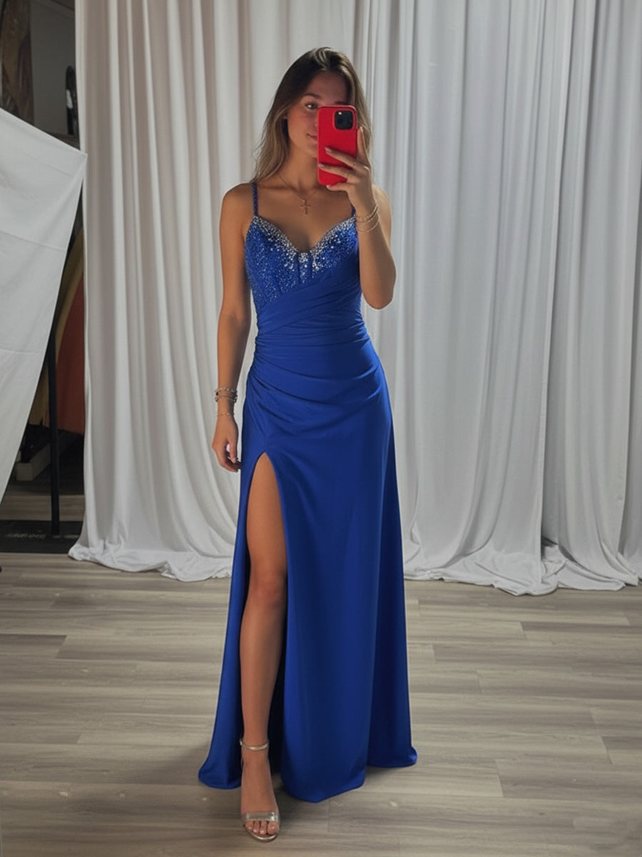 Beaded V-Neck Corset Bodice Long Prom Dress with Slit - FashionDia