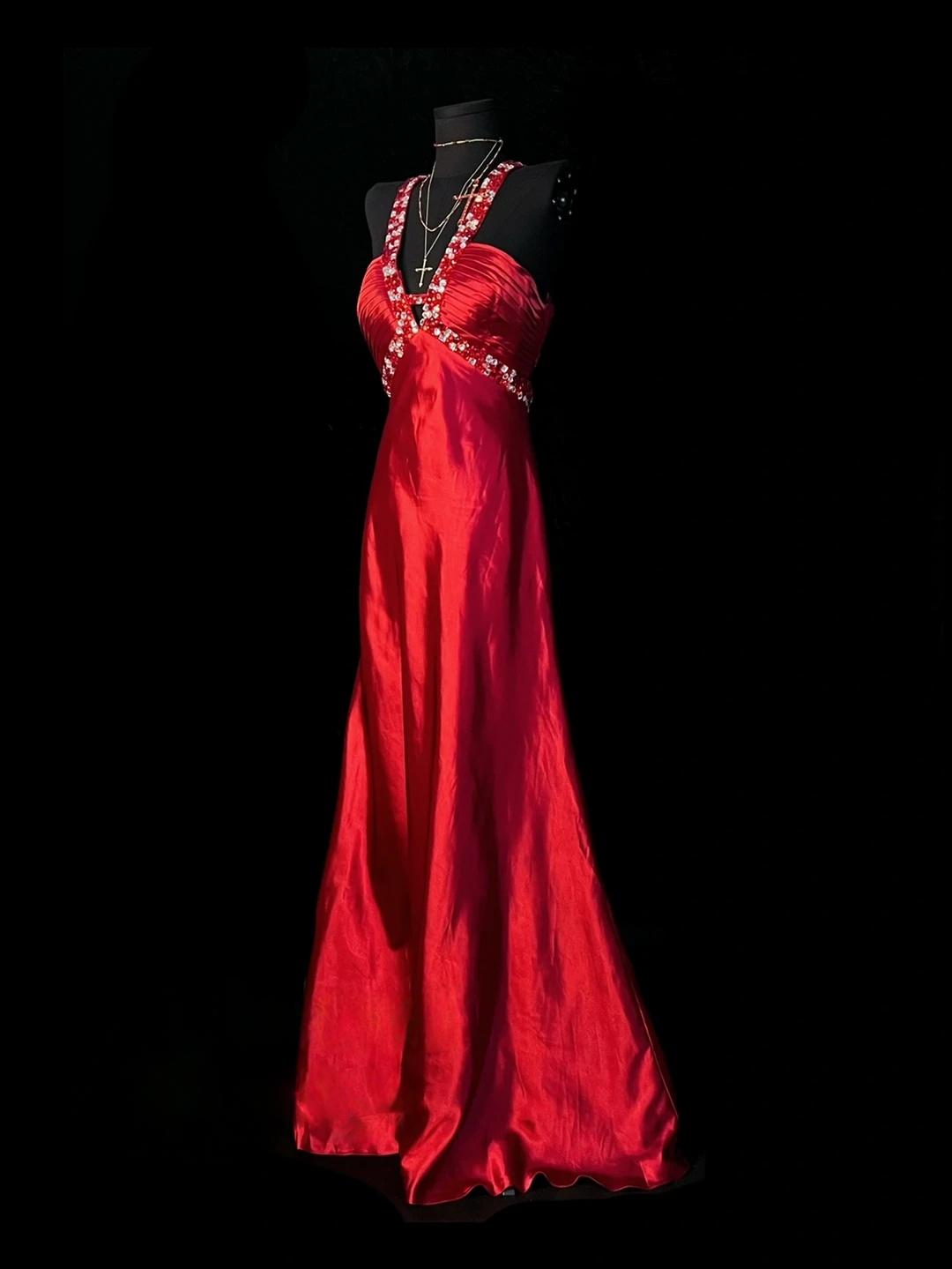 Beaded V Neck Red Satin Prom Dress Open Back Formal Evening Dress  J10133
