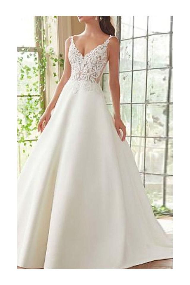 Beautiful A-Line Lace Wedding Dress Satin Straps V-Neck Bridal Gowns On Sale