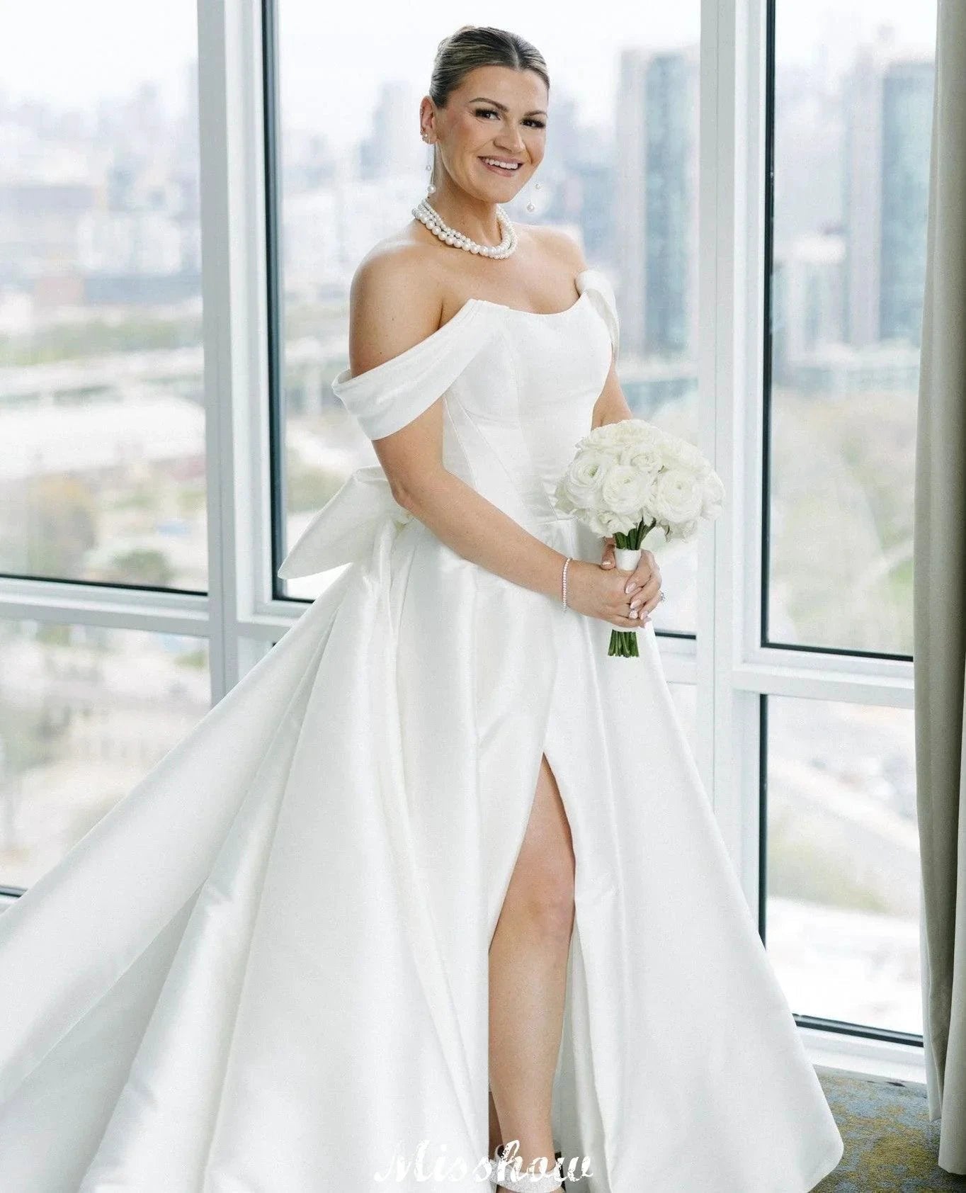 Beautiful A-Line Off-The-Shoulder Scoop Sleeveless Ruffles Satin Split Front White Wedding Dresses (ZD15574)