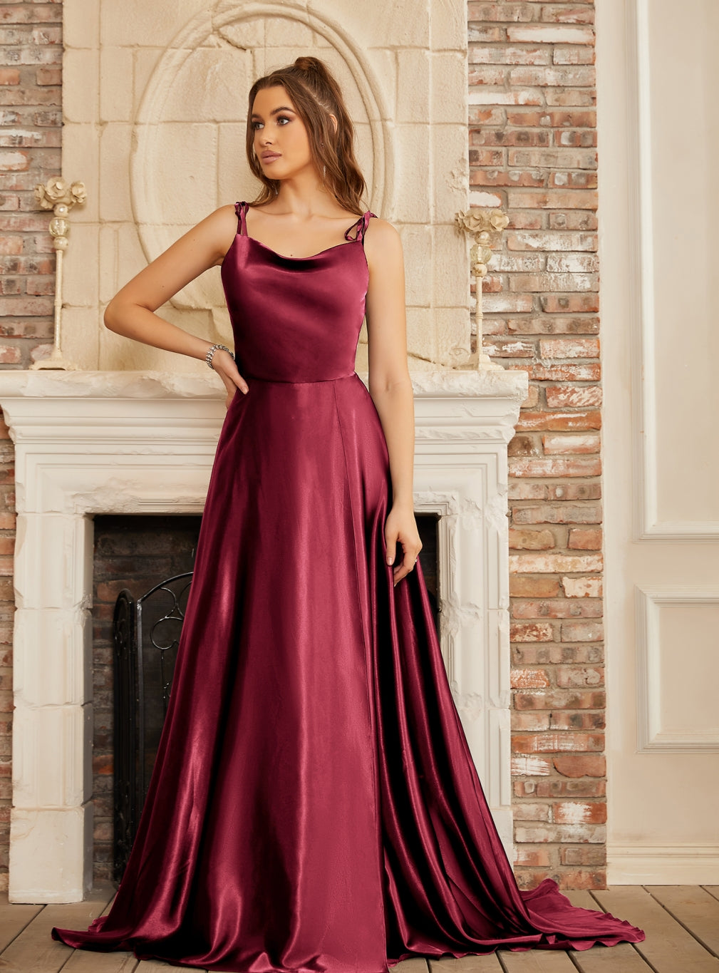 Beautiful A-Line Sleeveless Spaghetti Straps Satin Prom Dresses with Split