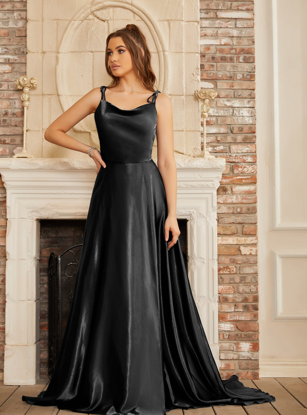 Beautiful A-Line Sleeveless Spaghetti Straps Satin Prom Dresses with Split