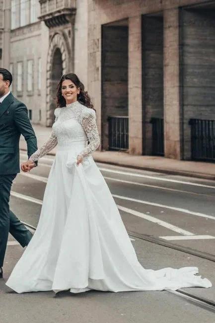 Beautiful A-line Long High Neck Lace Chiffon Wedding Dresses with Long Sleeves (ZD15625)