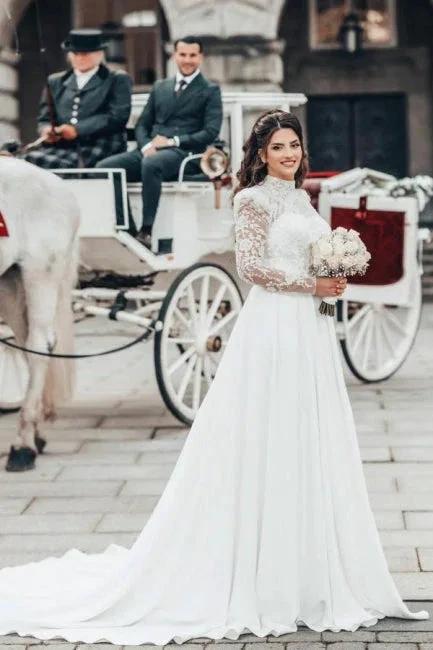 Beautiful A-line Long High Neck Lace Chiffon Wedding Dresses with Long Sleeves (ZD15625)