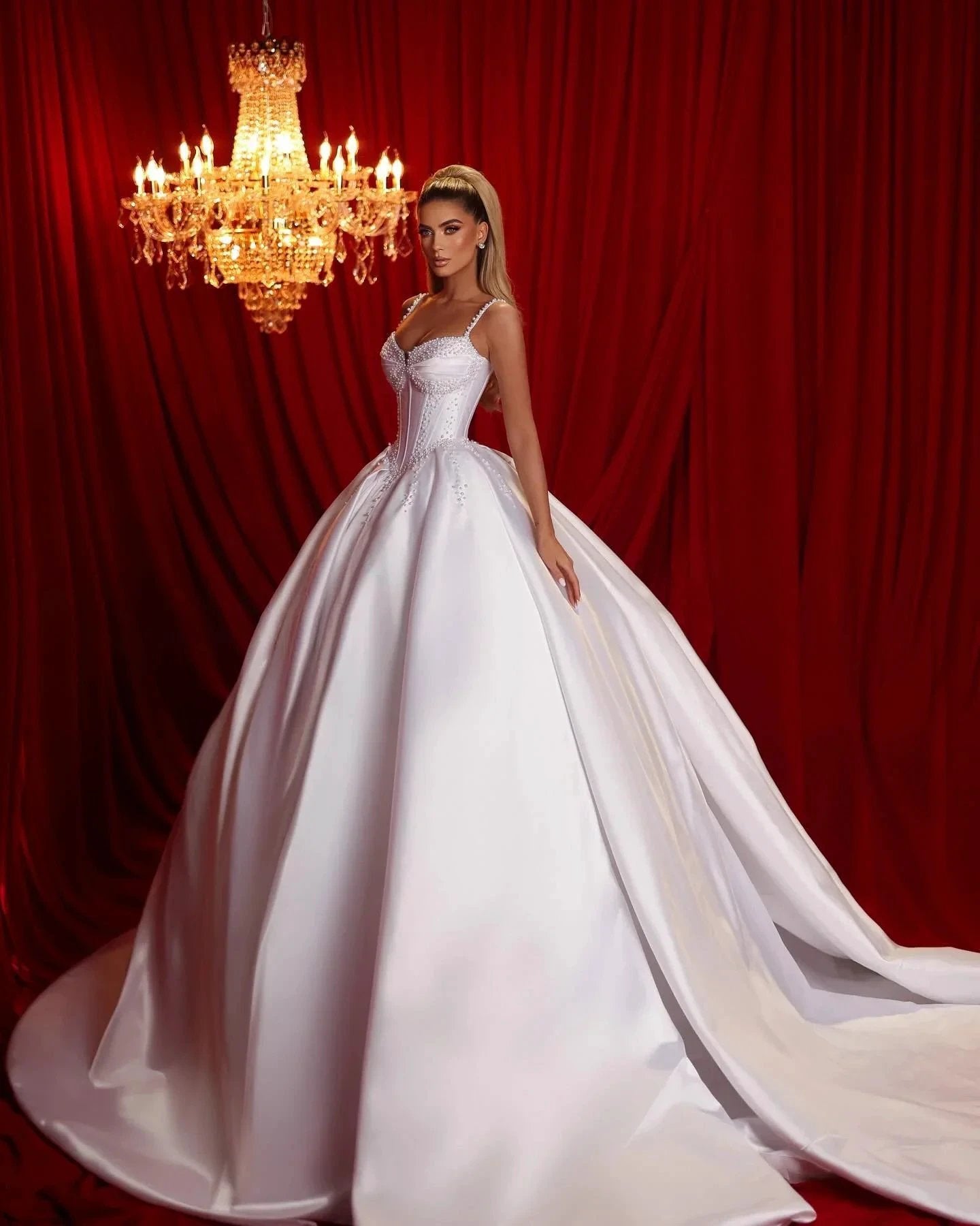 Beautiful A-line Spaghetti Straps Sleeveless Ruffles Satin Train White Long Wedding Dress (ZD15618)