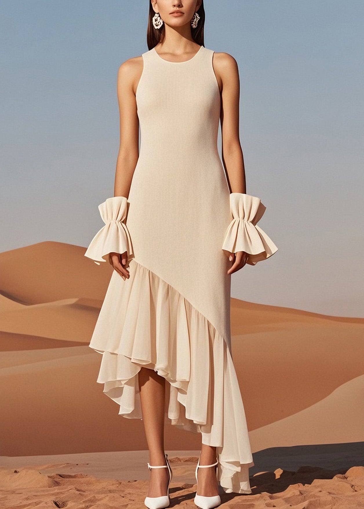Beautiful Beige O Neck Wrinkled Patchwork Knit Dress Sleeveless