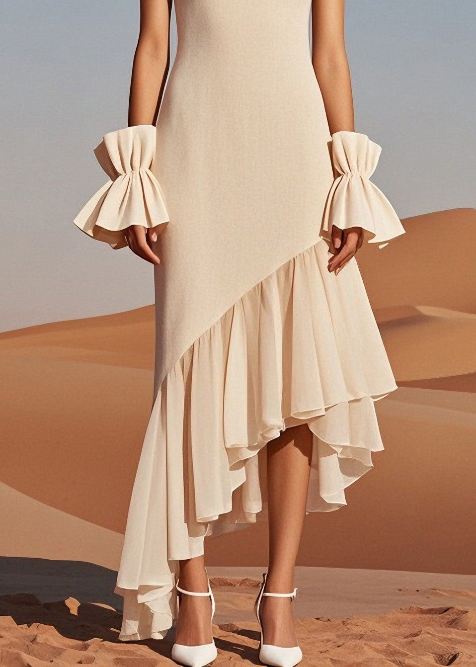 Beautiful Beige O Neck Wrinkled Patchwork Knit Dress Sleeveless