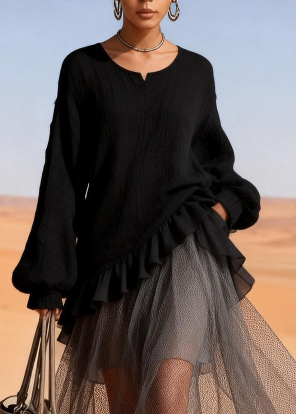 Beautiful Black O-Neck Ruffled Patchwork Tulle Dresses Spring