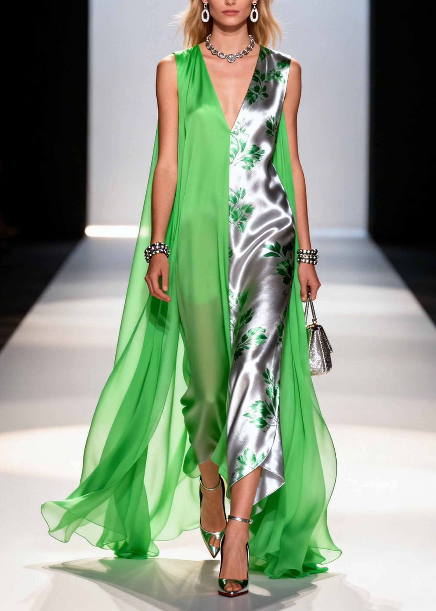 Beautiful Colorblock V Neck Patchwork Chiffon Dress Sleeveless