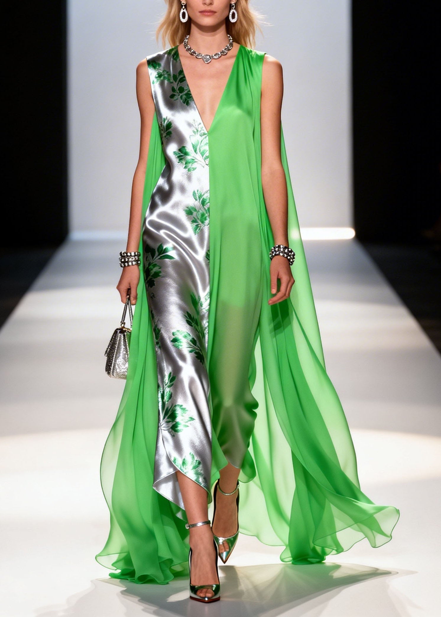 Beautiful Colorblock V Neck Patchwork Chiffon Dress Sleeveless