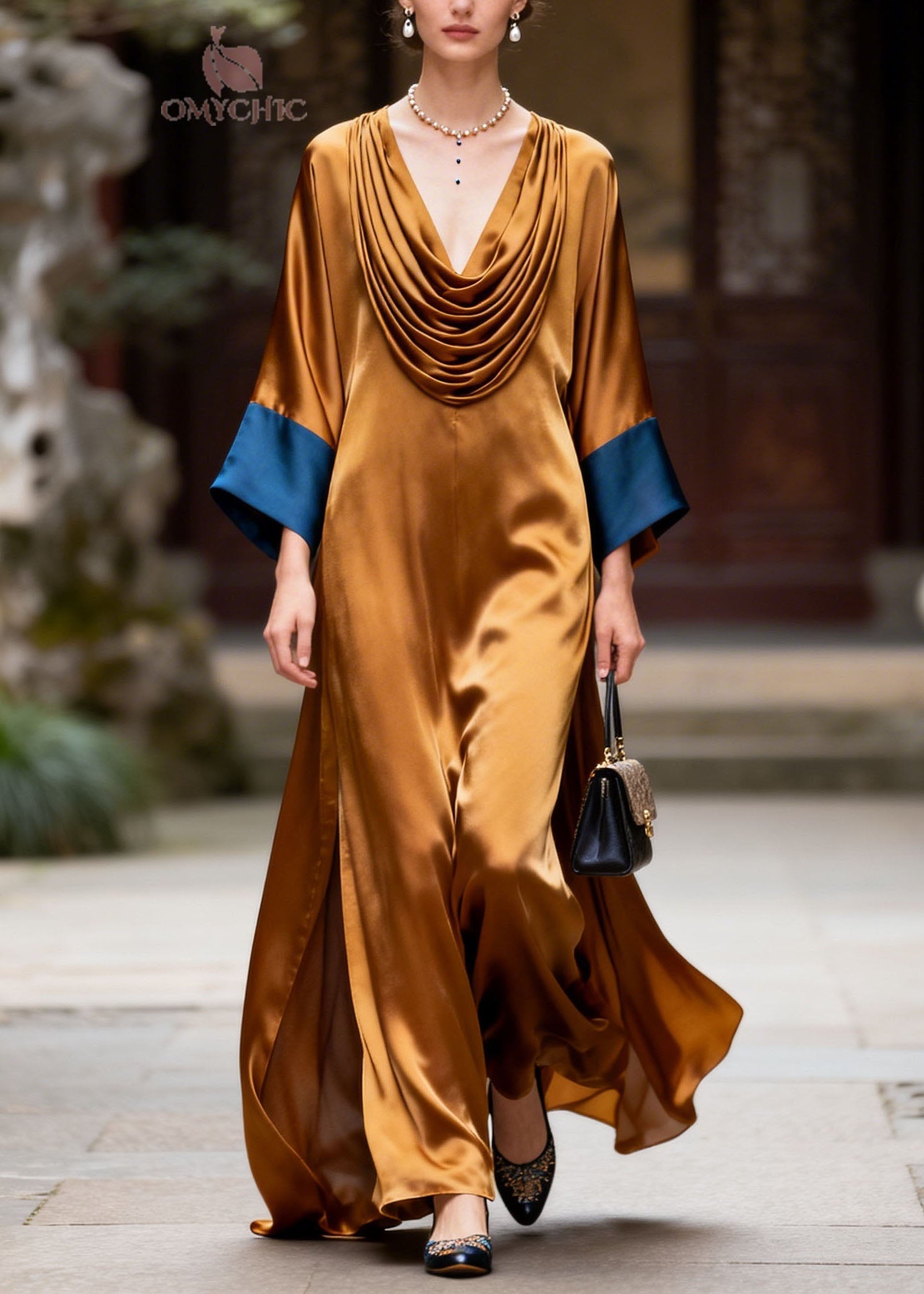 Beautiful Colorblock Wrinkled Patchwork Silk Long Dress Summer