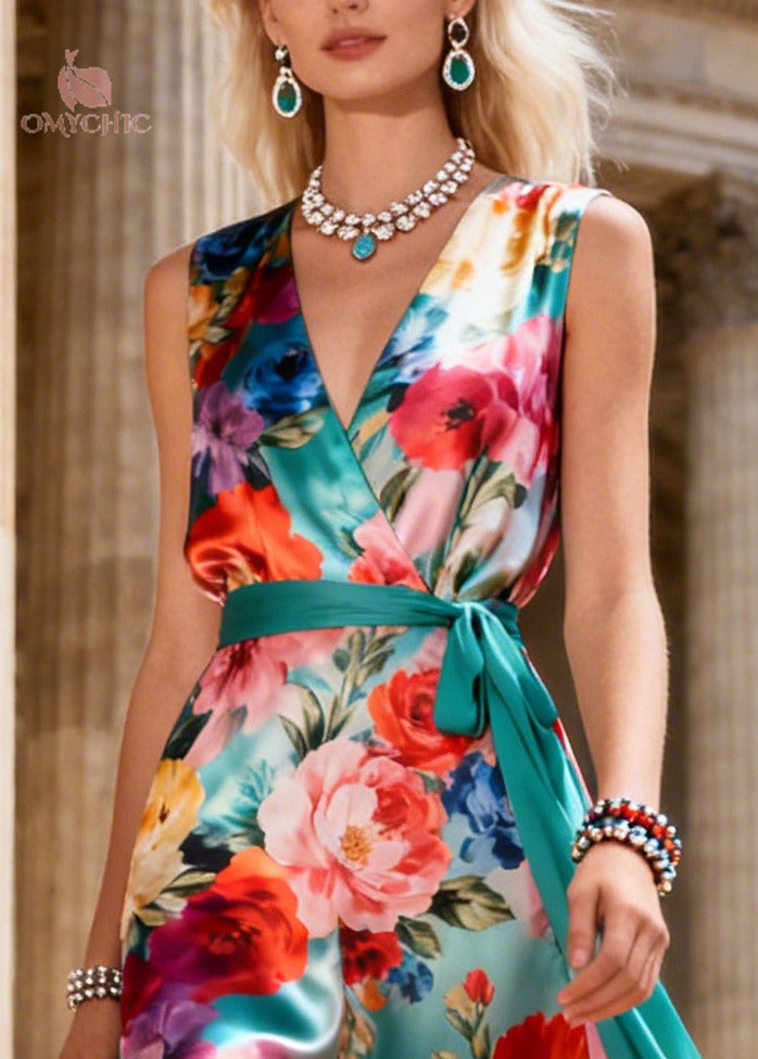 Beautiful Colorful Flowers Patchwork Side Open Chiffon Long Dress Summer