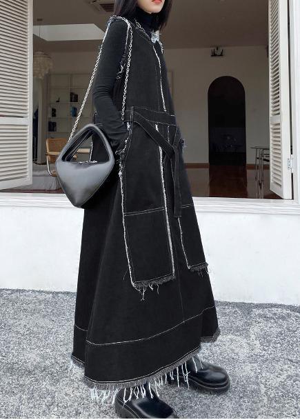 Beautiful Denim Black Tunics O Neck Patchwork Maxi Spring Dress