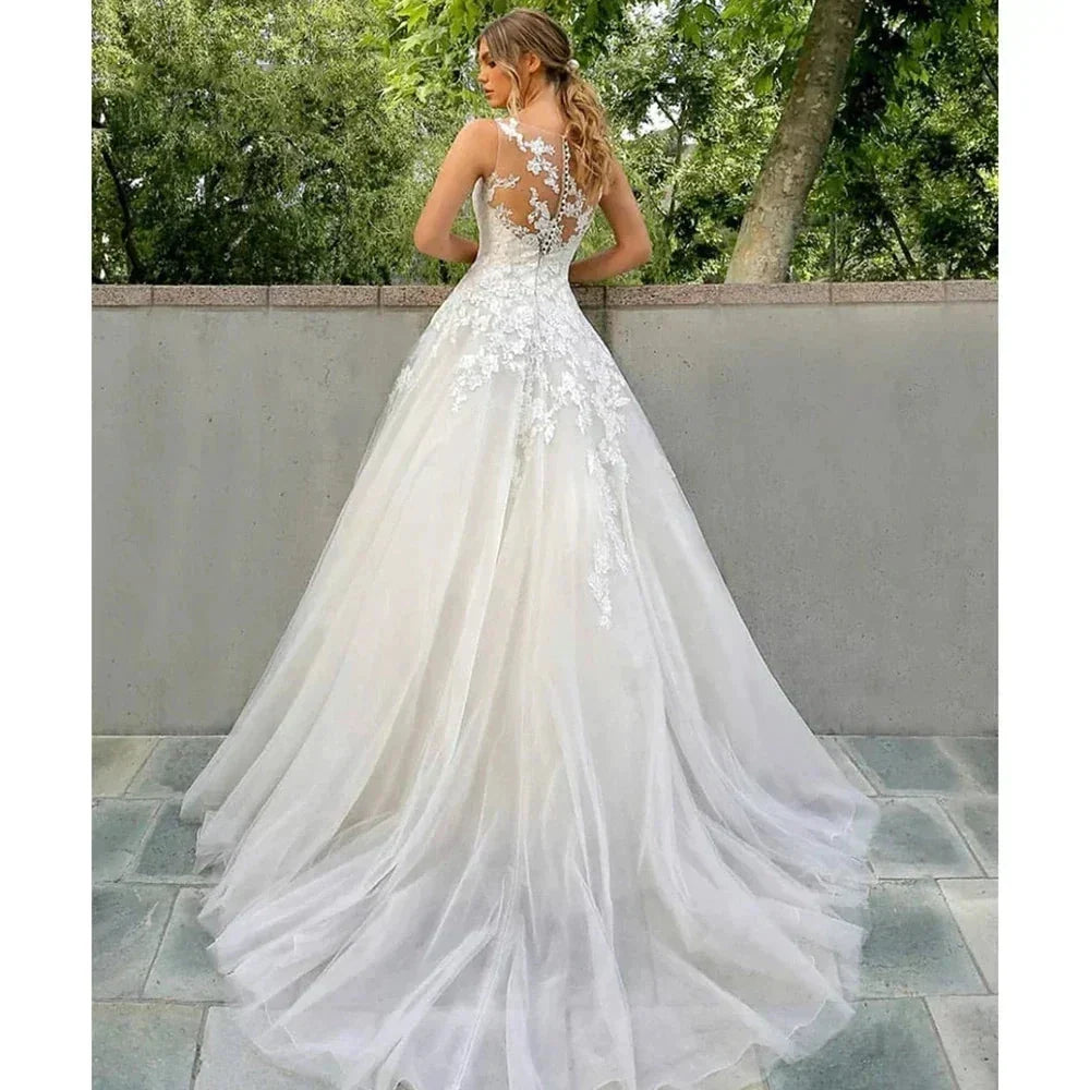 Beautiful Fascinating Sleeveless Mopping Wedding Dresses Lace Appliques Puffy Modern Gorgeous Simple Bridal Ball Gowns New 2023 (ZD14231) - View 2 | VelvetHem
