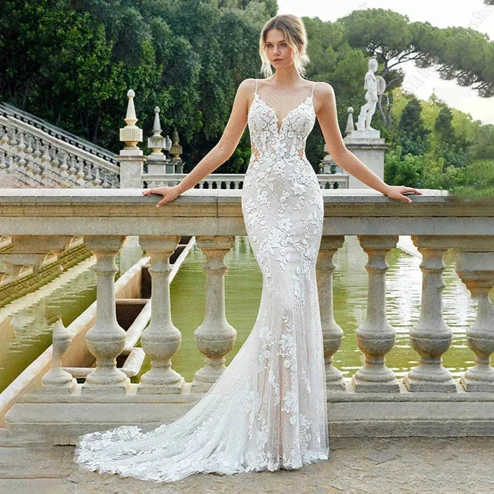 Beautiful Lace Sexy Off Shoulder Elegant Mermaid Sleeveless Deep V-neck Mop Wedding Dresses Strapless Bohemia Bridal Gowns by payinti