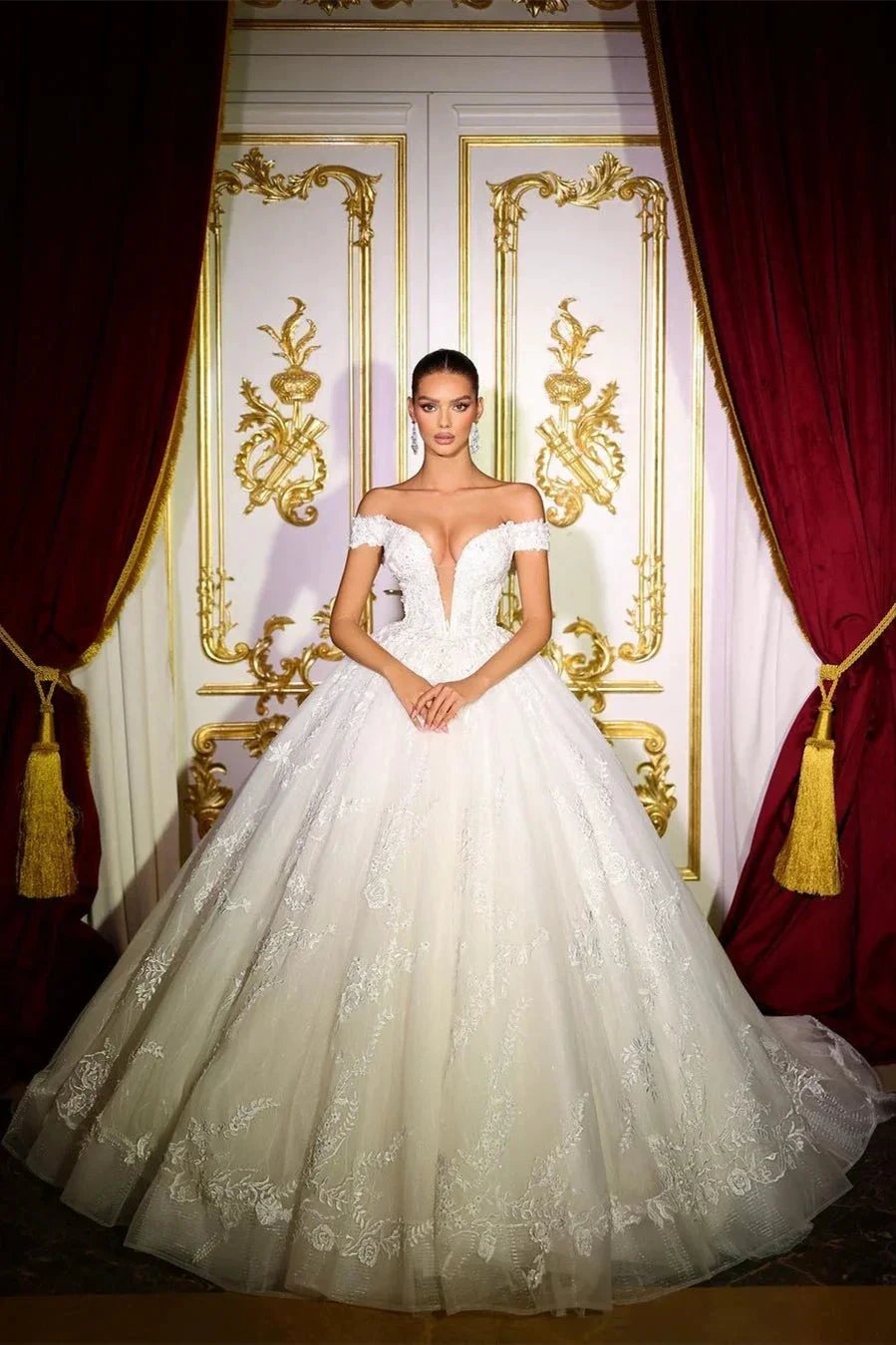 Beautiful Long A-line Off-the-shoulder V-neck Appliques Wedding Dress (ZD15650)