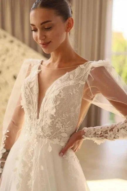 Beautiful Long A-line V-neck Lace Tulle Wedding Dress With Long Sleeves (ZD15582)