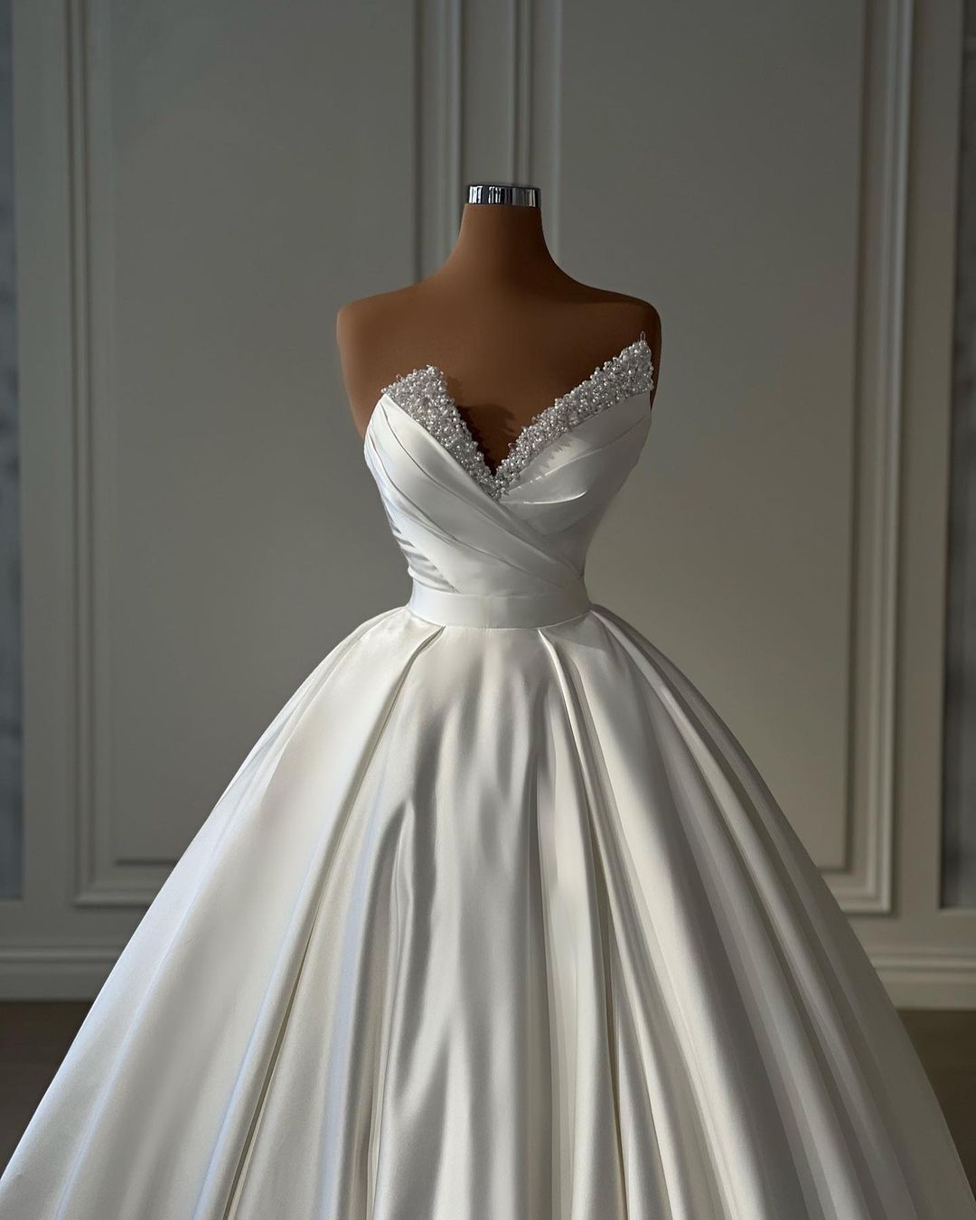 Beautiful Long Ivory A-line Satin Princess Wedding Dress with Pearl Details (ZD17485)