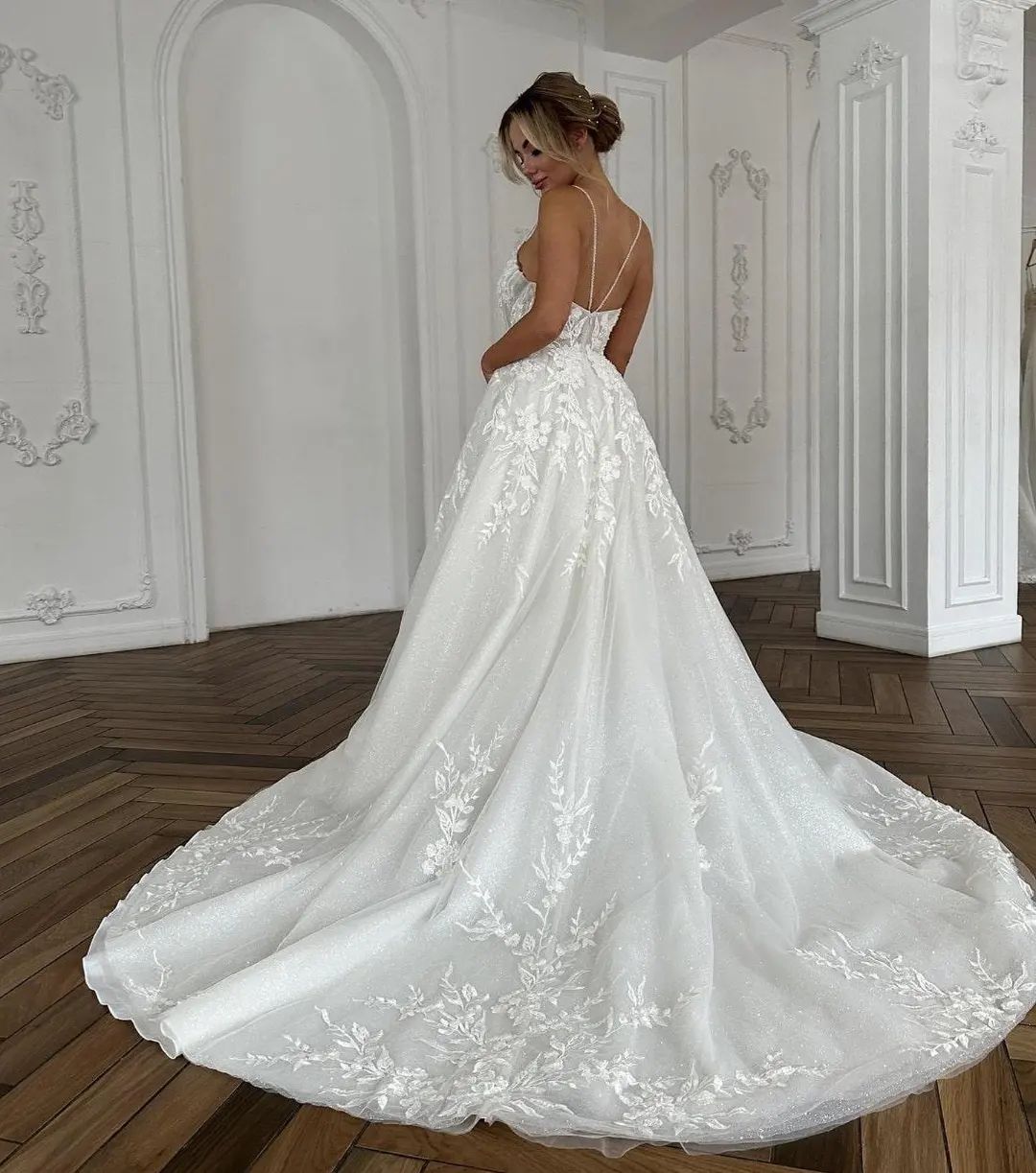 Beautiful Long Ivory A-line Spaghetti Strap V-neck Wedding Dress with Lace (ZD17488)