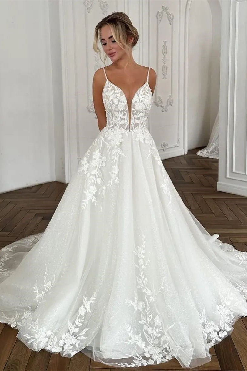 Beautiful Long Ivory A-line Spaghetti Strap V-neck Wedding Dress with Lace (ZD17488)