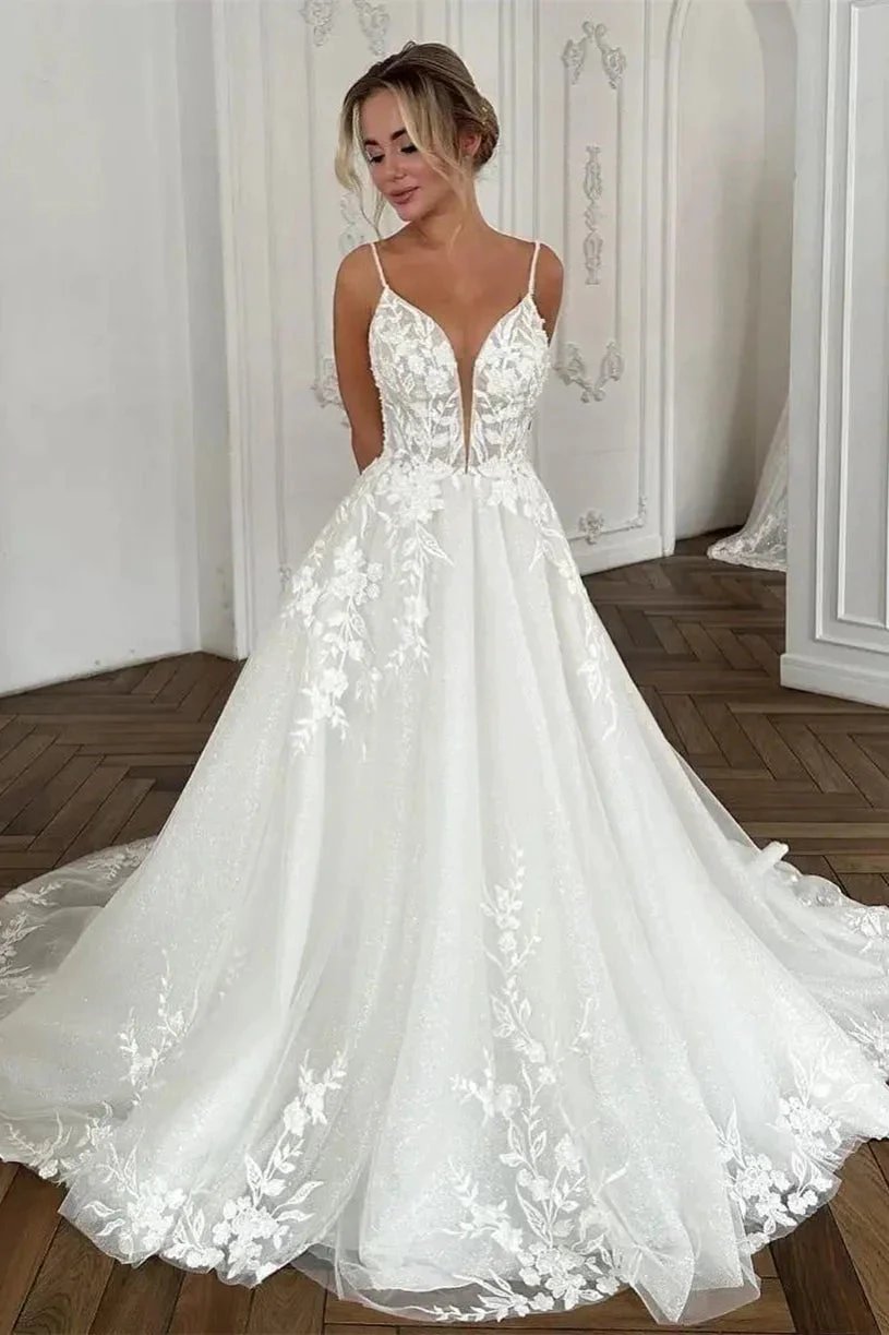 Beautiful Long Ivory A-line Spaghetti Straps V-neck Wedding Dress With Lace (ZD15688)