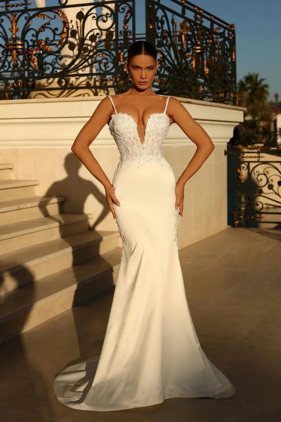 Beautiful Long Ivory Mermaid Spaghetti Straps Lace Satin Laced-up Wedding Dress (ZD15654)