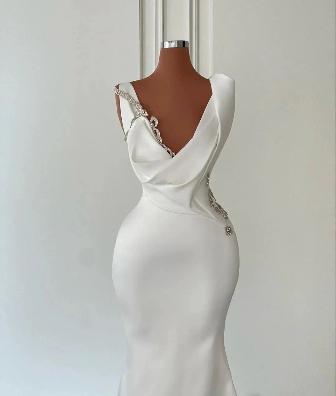 Beautiful Long Ivory Mermaid V-neck Satin Beading Sleeveless Wedding Dress (ZD15683)