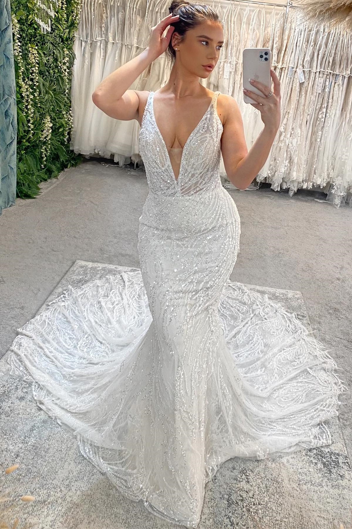 Gorgeous Long Mermaid V-neck Beaded Sleeveless Backless Wedding Gown With Lace (ZD17465)