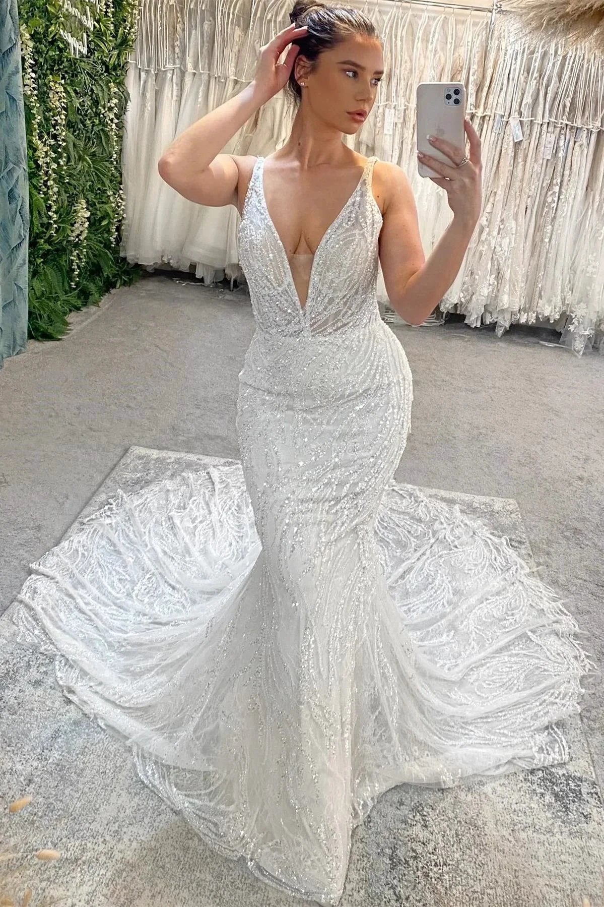 Beautiful Long Mermaid V-neck Beading Sleeveless Backless Wedding Dress With Lace (ZD15665)