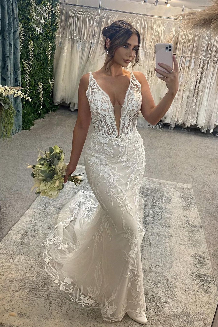 Stunning Long Mermaid V-neck Sleeveless Lace Backless Wedding Gown (ZD17468)