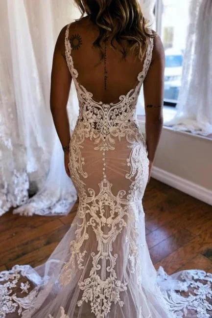 Beautiful Long Mermaid V-neck Sleeveless Lace Backless Wedding Dress with Train (ZD15601)