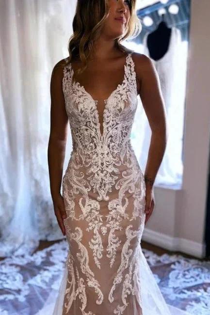 Beautiful Long Mermaid V-neck Sleeveless Lace Backless Wedding Dress with Train (ZD15601)