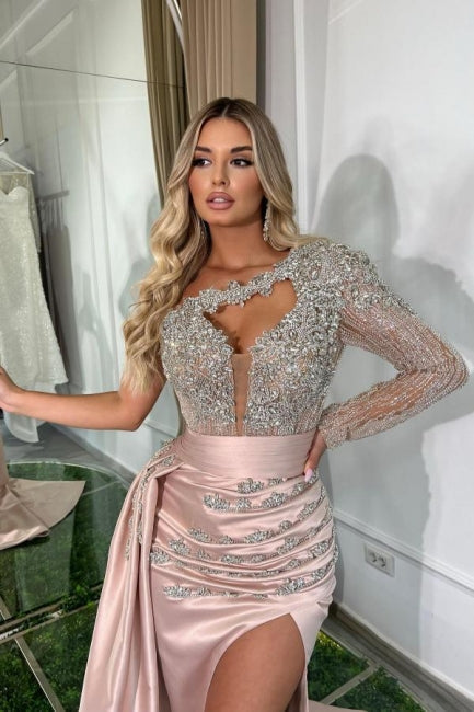 Beautiful Long Pink Mermaid One Shoulder Long Sleeve Glitter Prom Dress With Slit - View 2 | VelvetHem