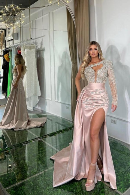 Beautiful Long Pink Mermaid One Shoulder Long Sleeve Glitter Prom Dress With Slit - View 3 | VelvetHem