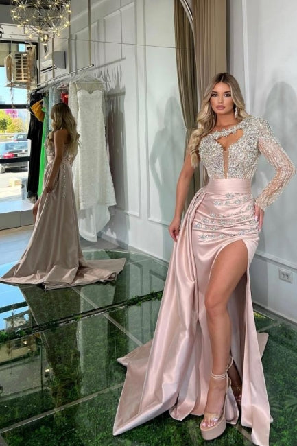Beautiful Long Pink Mermaid One Shoulder Long Sleeve Glitter Prom Dress With Slit - View 4 | VelvetHem
