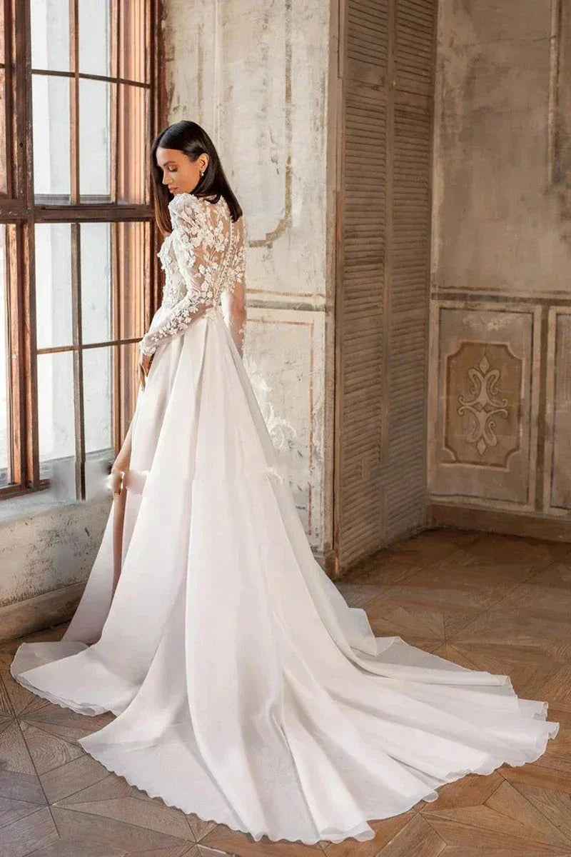 Beautiful Luxury Bohemian High Fork Wedding Dresses A-Line High Neck Lace Tulle Beach Bridal Gown Long Sleeves Sweep Train New (ZD14085)