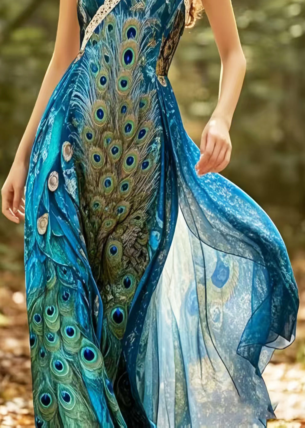 Beautiful Peacock Blue Print Chiffon Halter Dresses Summer