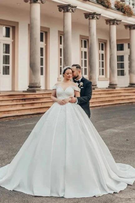 Beautiful Princess Long A-line Off-the-shoulder Lace Satin Wedding Dresses (ZD15636)