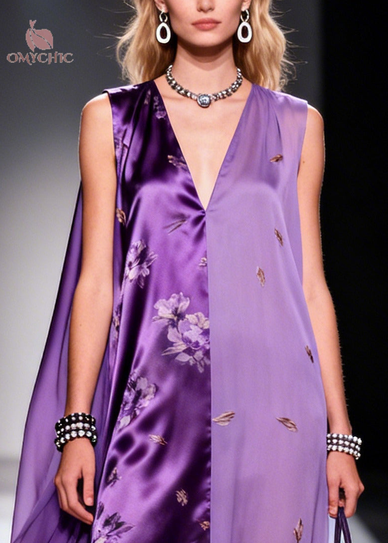 Beautiful Purple Asymmetrical Patchwork Chiffon Ankle Dress Sleeveless