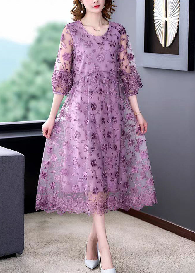 Beautiful Purple O-Neck Embroidered Tulle Long Dresses Half Sleeve