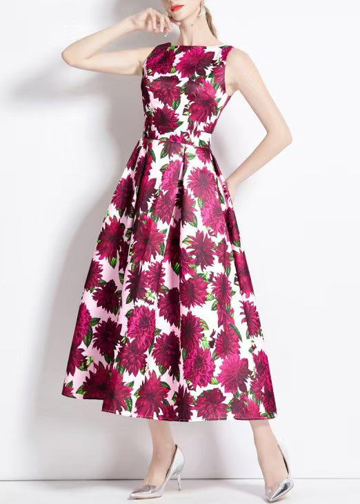Beautiful Red Print High Waist Cotton Long Dresses Sleeveless