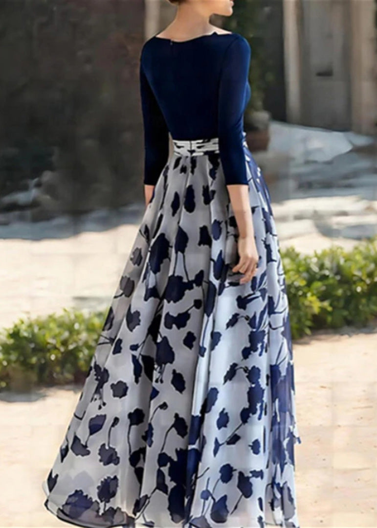 Beautiful Rose V Neck Print Chiffon Long Dresses Spring