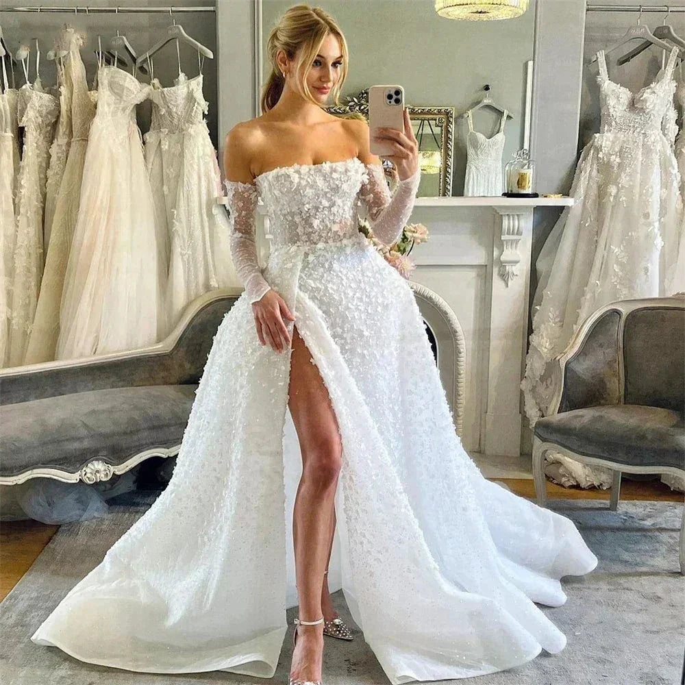 Beautiful Sexy Long Sleeved Wedding Dresses Spaghetti Straps Simple White Backless Pleat High Split Princess Bride Gowns 2024 by payinti