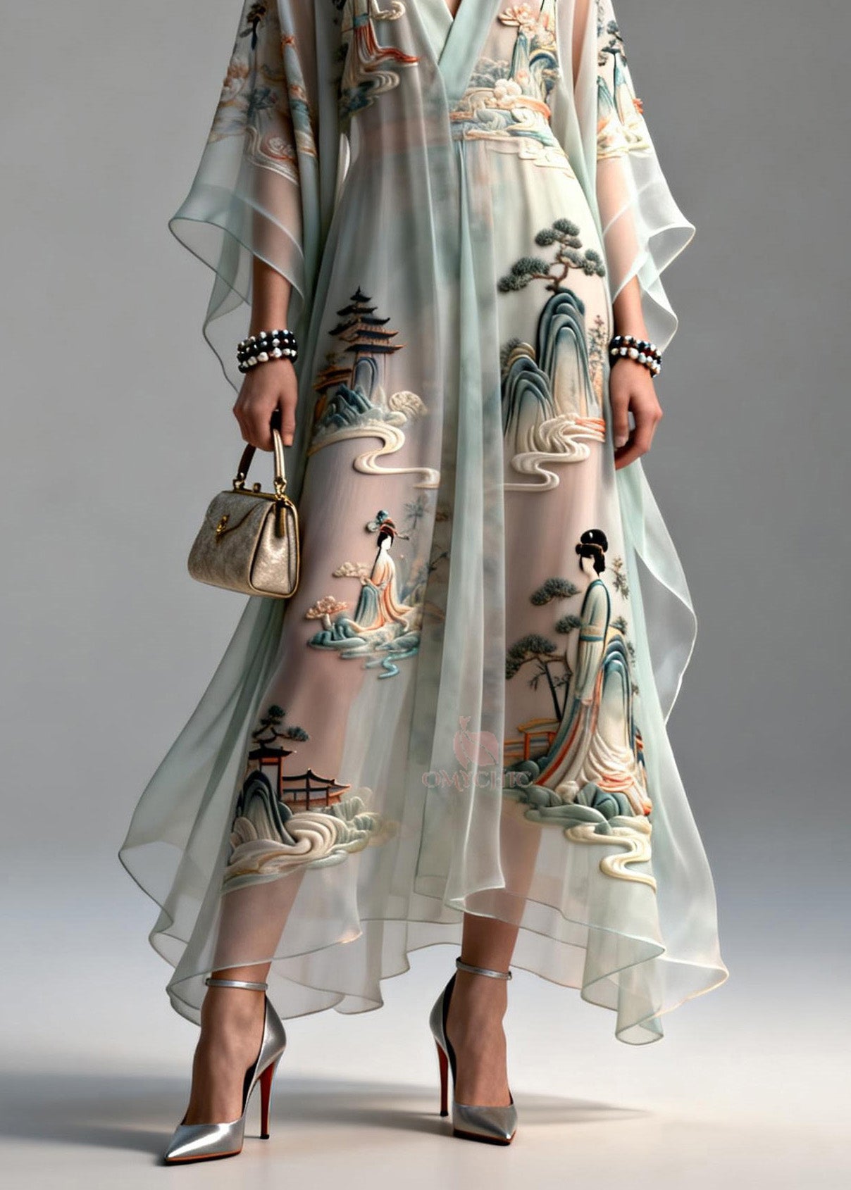 Beautiful V Neck Asymmetrical Design Print Chiffon Dress Summer