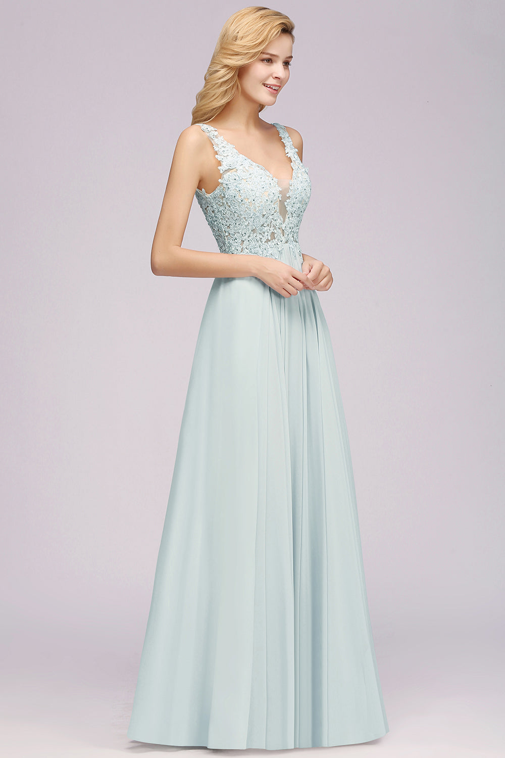 Beautiful V-Neck Sleeveless Floor-Length Chiffon A-Line Prom Dresses with Open Back